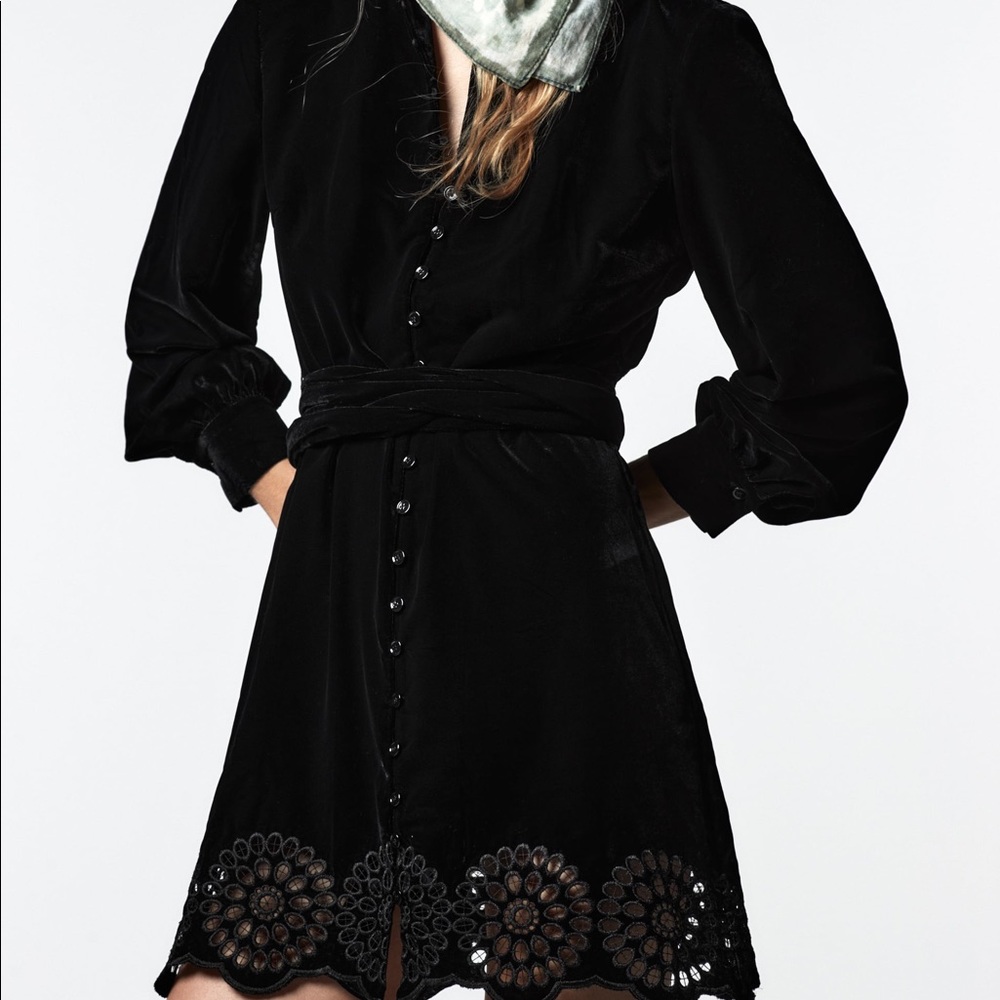NWT Zara Embroidered Black Velvet Mini Dress